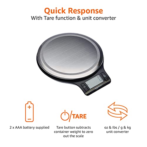 Amazon Basics Digital kitchen scales with LCD display (with batteries), Black and Stainless Steel, BPA free, Weighs up to 11 pounds