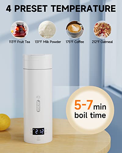 JOCOSA Travel Kettle, Compact Flip Lid Mini Kettle, 380ml 304 Stainless Steel BPA Free Portable Water Heater, Electric Kettle with Adjustable Tem