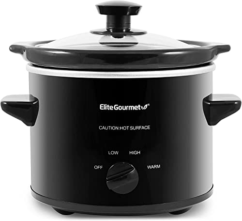 Elite Gourmet MST239X Electric Round Slow Cooker, Adjustable Temp, Entrees, Sauces, Stews & Dips, Dishwasher Safe Glass Lid & Crock, 2 Quart, Bla