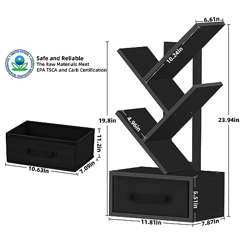 SHEEPAM Small Book Shelf with Drawer,3 Tier Black Tree Bookshelf,Wooden Desktop Bookcase,Modern Desk Display Storage Bookshelves,Floor Standing O
