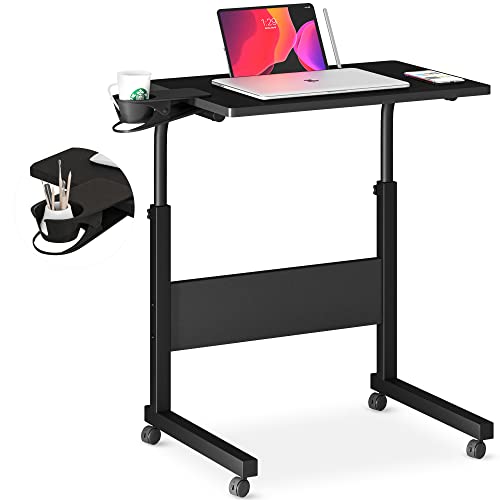 Klvied Standing Desk Adjustable Height, Stand Up Desk with Cup Holder, Portable Laptop Desk, Mobile Standing Desk, Small Computer Desk, Bedside T