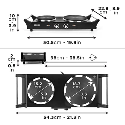 Duronic Hot Plate HP2 BK, Table-Top Cooking, 2500W Black Steel Electric Double Hob with Handles, 2 Cast Iron Portable Hob Rings (1500W & 1000W) f