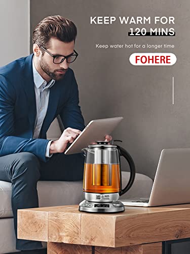 Kettle Electric with Variable Temperature Control - FOHERE Smart Glass Tea Kettle with 9 Presets - LCD Display - 2Hr Keep Warm - Removable Tea In