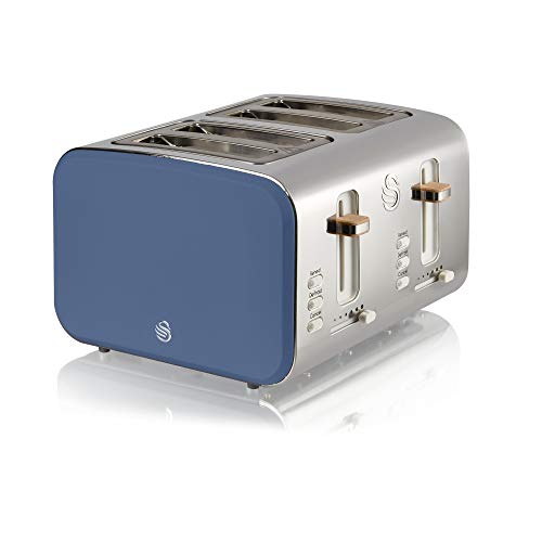 Swan Nordic 4 Slice Toaster, Blue, 1500W, Scandi Style, ST14620BLUN & Nordic Jug Kettle, 1.7 Litre, Blue, Rapid Boil, Wood Effect Handle, Soft To