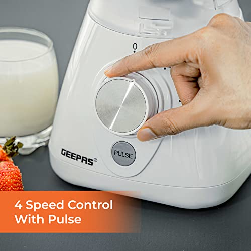 Geepas 550W 2 in 1 Food Jug Blender with 1.5L BPA Free Jar | 4 Sharp Stainless Steel Blades with 2 Speed | Ice Crusher, Mill, Coffee/Spice Grinde