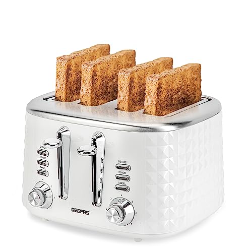 Geepas 4 Slice Bread Toaster with 7 Level Browning Control | Removable Crumb Tray, Defrost, Reheat & Cancel Function, Cord Storage | 2 Year Warra