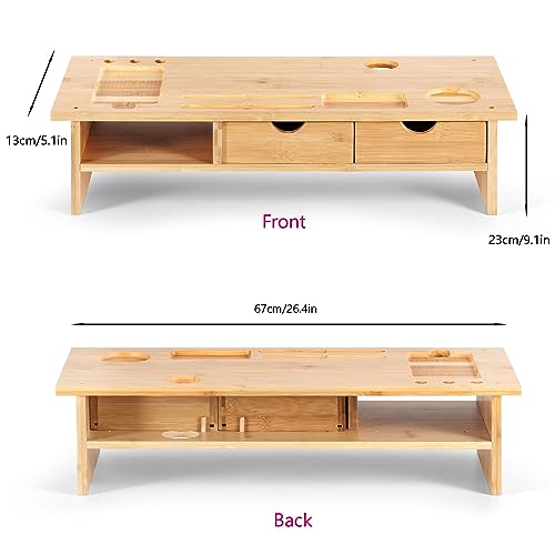 Monitor Stand Riser Desk Organizer-Bamboo 2 Tier Laptop Stand with Drawers, Adjustable Desktop Storage Organizer for Computer, Printer, Cellphone