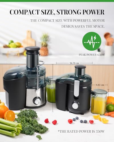 GDOR Juicer Machines, 600W Juicer with 6.5cm Feed Chute for Fruit and Vegetable, Juice Extractor with Dual Speeds, Compact Centrifugal Juicers An