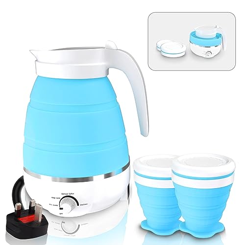 Tam88 Portable Travel Collapsible Kettle Lightweight for Campervan, 0.6L Folding Electric Camping Bedroom, Blue with Cups