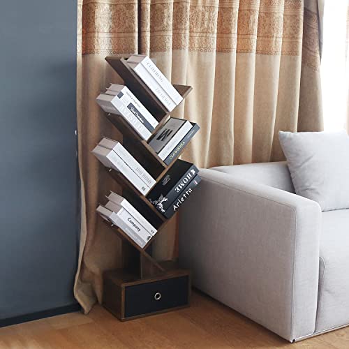LAZYLAND Brown Bookshelf with Drawer, 6-Tier Floor Standing Tree Bookshelf, for CDs/Movies/Books, Utility Organizer Shelves for Home Office, Bedr