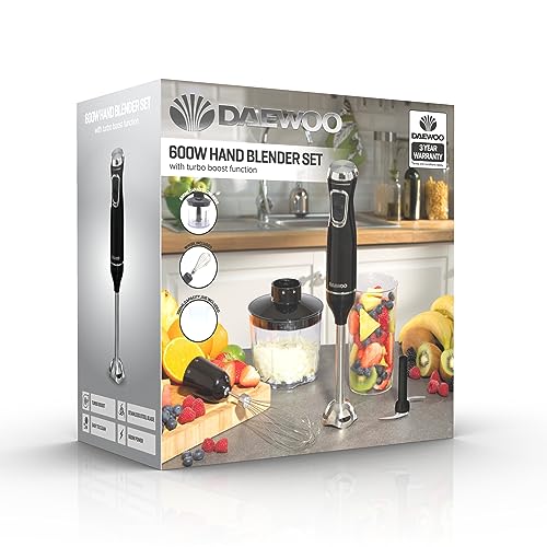 Daewoo SDA1622GE 600W Black and Silver Hand Blender Set with Whisk Chopper & Jug Accessories and 2 Touch Speed Switch, Blend Whip Chop, Easy Clea