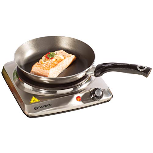Daewoo SDA1731 Single Hot Plate-Portable & Compact-Cast Iron Heating Element-On/Off Indicator Lights-Non-Slip Feet-Durable Stainless Steel Housin