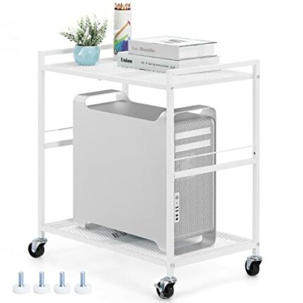 YBING Computer Tower Stand White PC Tower Stand 2 Tier CPU Holder Stand with Wheels Metal Mobile Computer Tower Cart Rolling PC Stand Floor for F