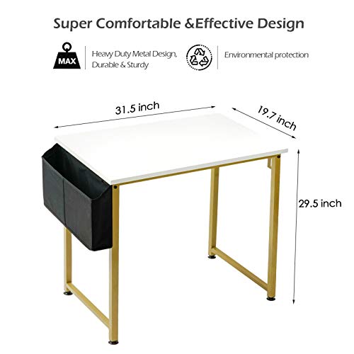 Lufeiya Small Computer Desk White Writing Table for Home Office Small Spaces 31 Inch Modern Student Study Laptop PC Desks with Gold Legs Storage