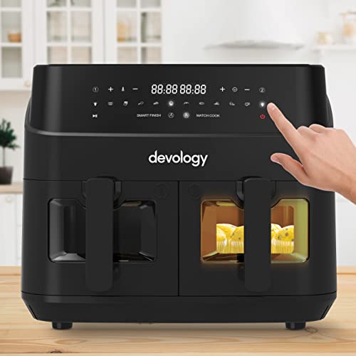 Devology Double Air Fryer - 9L - 2 x 4.5L Independent Cooking Zones With Light Up Glass Front - Free 50 Recipe Cookbook- 10 Cooking Programs - Di