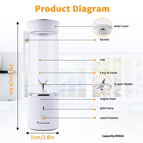Fresh Juice Blender Bottle, Portable Blender Smoothie Maker with 6 Blades, 450ml Electric Mini Blender Portable Blender Bottle USB Rechargeable,