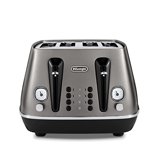 De'Longhi Distinta Titanium CTIN4003.TB, 4 Slot Toaster, Reheat, 6 Browning Settings, Defrost and Cancel Functions, Pull Crumb Tray, 1800W, Titan