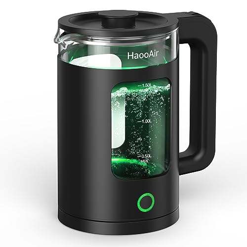 Haooair Electric Kettle, 1.5 Liter Fast Boil Quiet Glass Kettle with Green LED, Easy to Clean, BPA-Free, Boil-Dry Protection