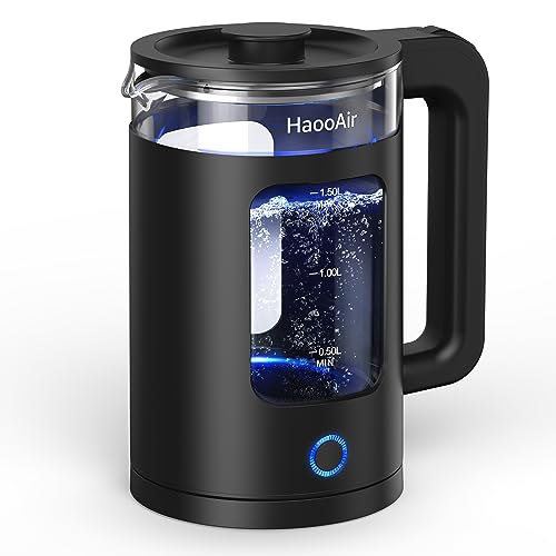 Haooair Kettle, 1.5 Liter Electric Kettle with Blue LED, Easy to Clean Glass Kettle, Fast Boil Quiet, BPA-Free, Boil-Dry Protection (Gifts: Black