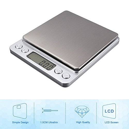 CestMall Stainless Steel Digital Kitchen Scales(500g 0.001oz/0.01g) High Precision Digital Pocket Scales with 2 Removable Trays (Silver, 5 x 4.17
