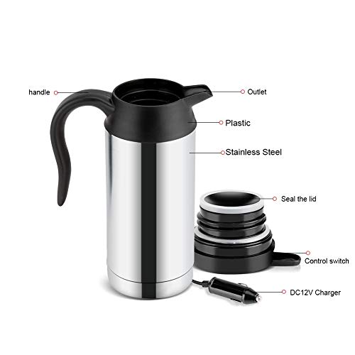 Car Electric Kettle - Portable Stainless Steel Electric Car Kettle Heating Cup Coffee Mug Travel Water Bottle for Tea Coffee Hot Water Drinking 7