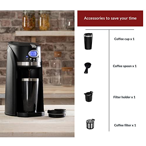 Innoteck Travel Filter Coffee Maker Grind and Brew 2 in 1 On-The-Go Automatic Coffee Machine with Stainless Steel Thermo Travel Mug, Black/Chrome