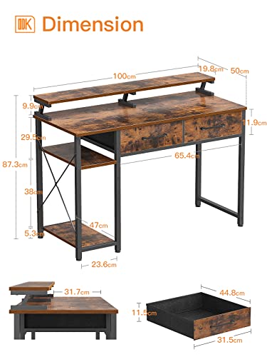 ODK Computer Desk with Drawers, Office Desk with Storage & Shelves, Work Writing Desk with Monitor Stand Shelf, Rustic Brown Home Office Desks fo