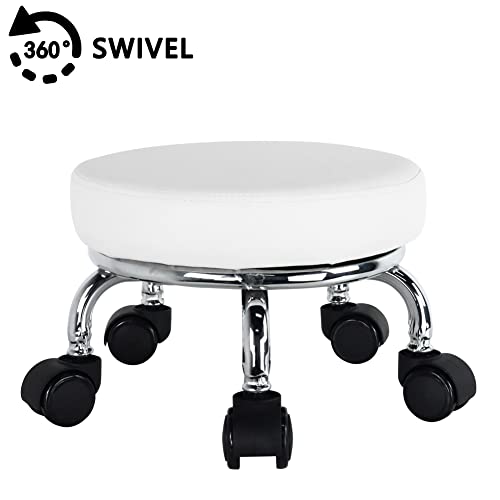 WKWKER Roller Seat PU Leather Low Round Rolling Stool Small Stool with Universal Swivel Caster Wheels for Home Office Garage Shop Fitness Sport,H