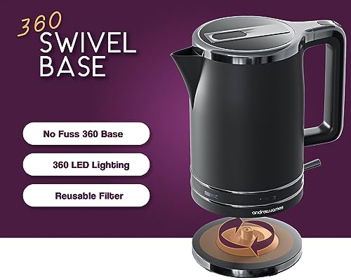 Andrew James Electric Kettle, Matte Black, Fast Boiling, Cordless, Large 1.7L Jug, 3000W, Reusable Filter, Quiet Dry Boil Protection, Modern, Com