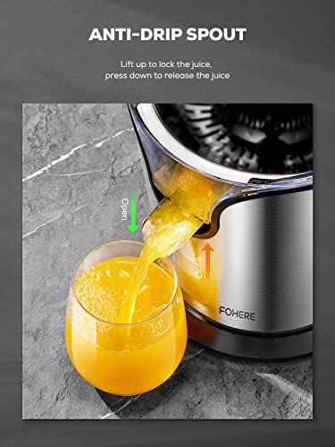 FOHERE Orange Juicer Electric Citrus Juicer with Humanized Handle, Powerful 160W Silent Motor Stainless Steel BPA-Free, Two Size Cones for Grapef