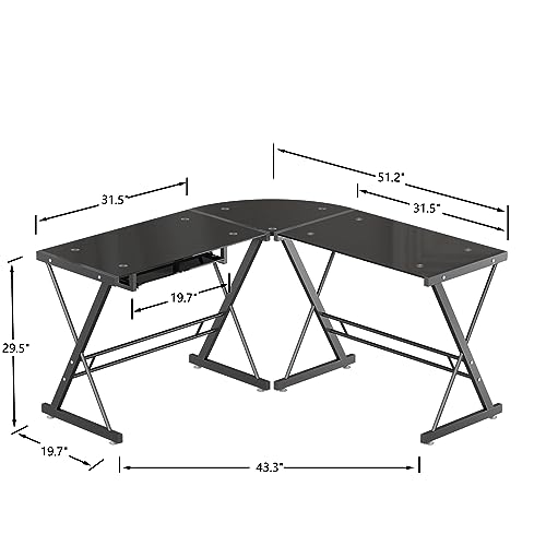 Wellynap L Shaped Glass Computer Desk,Corner L Desks Writing Desk, Gaming Table with Key Board, Space-Saving Workstation for Home, Office, Black