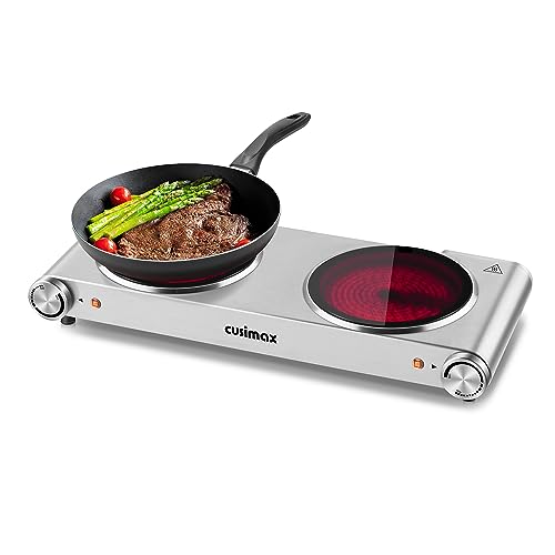 Double Hot Plate, CUSIMAX 2400W Electric Hob Ceramic Hot Plate, Portable Double Camping Hob Infrared Cooktop with Dual Temperature Control, Easy