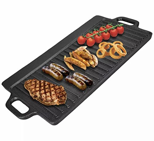 Cast Iron Griddle Grill Pan, Nonstick Griddle Grill with Dual Handles, Pre-Seasoned Reversible Grilling Plate, Double Burner Stovetop Skillet, BB