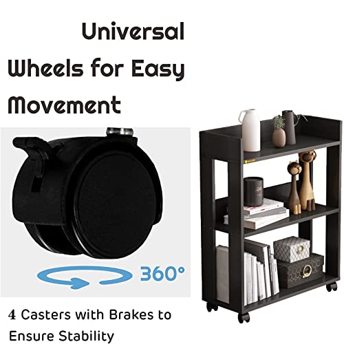 MIN WIN 3 Tier Open Bookshelf,Small Bookshelves Storage Display Shelf with Universal Wheels,Movable Standing Shelf Units,Wood Storage Rack for Sm