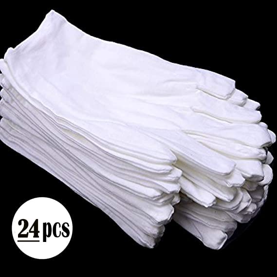 24 Pcs (12 Pair) White Cotton Gloves for Dry Hand Moisturizing Cosmetic Eczema Hand Spa and Coin Jewelry Inspection, Checking Gloves,Serving Glov