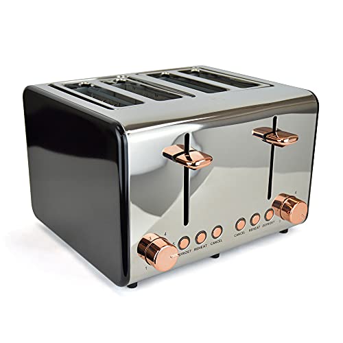 Kitchen Perfected 4 Slice Wide Slot Toaster, 6 Browning Settings, Defrost/Reheat/Cancel, High Lift, Centralisation Even Toasting - Black Stainles