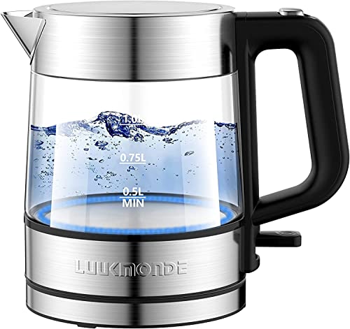 LUUKMONDE 2400W (UK) / 1500W (US) Electric Kettle, 1 L Glass Tea Kettle Light Weight, Cordless Water Boiler with LED Indicator, Auto-Shutoff & Bo