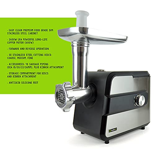 healthkick Electric Food Meat Grinder and Mincer/Burger, Sausage, Mince and Kibbeh Maker/Powerful Motor: 2600W Max/Stainless Steel / 8 Attachment