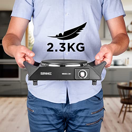 Duronic Hot Plate HP1 BK Black Steel Electric Single Hob with Handles, Table-Top Cooking 1500W 1 Cast Iron Portable Hob Ring, Cooking Boiling Fry