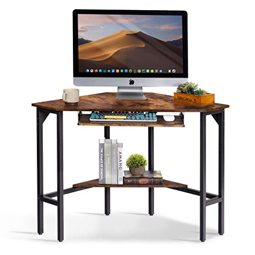 Becko US Corner Desk Triangle Computer Desk Vintage Industrial Small Desk Home Office Desk with Keyboard and Storage Shelf (Rustic Brown)