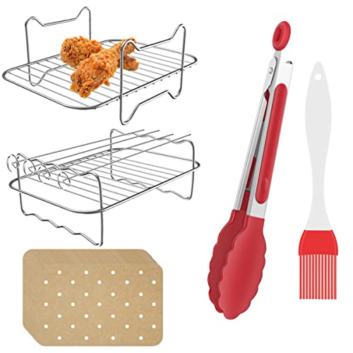 Domeilleur 2Pcs Air Fryer Rack Set for Ninja for Dual Air Fryer, Multi-purpose Double Layer Rack with Skewer, with Brush, Clips, Paper Liners, Ac
