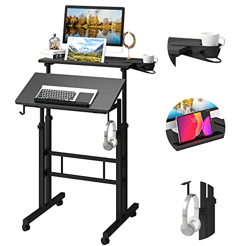 Klvied Rolling Mobile Desk with Cup Holder, Portable, Adjustable Height Small Stand up Desk on Wheels for Home Office Laptop Cart, Computer, Stan