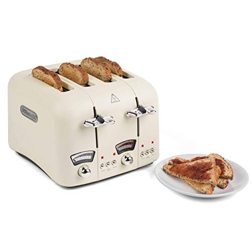 DeLonghi CT04E Argento Retro-Style Four Slice Toaster, 1600 W, Stainless Steel, Cream