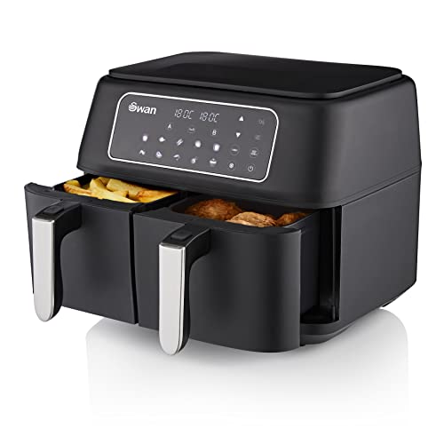 Swan SD10410N 8L Digital Dual Basket Air Fryer with Keep Warm Function, 10 One-Touch Pre-sets, Rapid Air Circulation, 1600W, Black