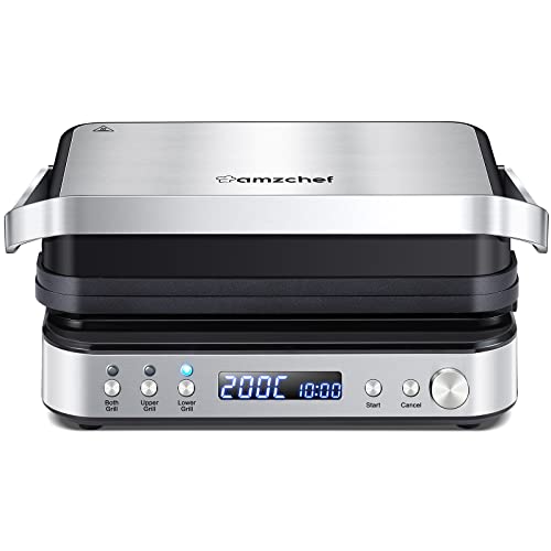 AMZCHEF 4-IN-1 Machine (Electric Grill, Griddle, Panini Presse, Waffle Maker) - 2000W Health Grill with 4 Interchangeable Non-Stick Plates -180°