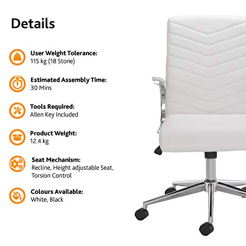 Office Hippo Executive Swivel Office Desk Chair with Fixed Padded Arms, Faux Leather, White
