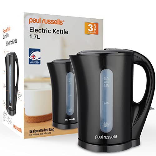 paul russells Electric Plastic Kettle, 2200W 1.7L, Hot water dispenser, Black Boil-Dry Protection, Auto Shut off Stirx Control