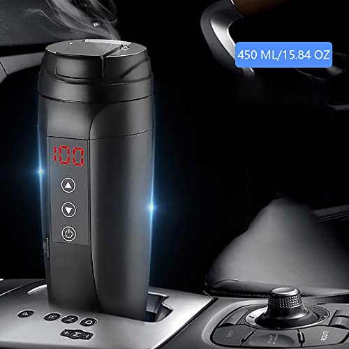 Baceyong 12V/24V 450ML Stainless Steel Car Electric Tea Kettle, Portable Travel Thermos Heating Cup, Cooking for Coffee Milk Tea Water Drink, Whi