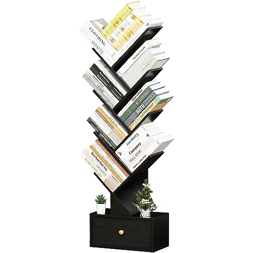 SHEEPAM 8 Tier Tree Bookshelf with Drawer, Free Standing Wood Bookcase for Narrow Space, Storage Organizer Bookshelves for Books, Book Case for H