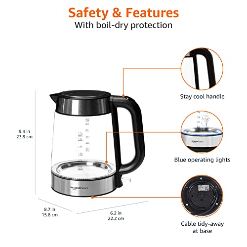 Amazon Basics Electric Glass Kettle,1.7-Liter, Black, Silver